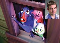 Animated blue bird, pink pig, and white chicken looking surprised, next to a portrait of a man.