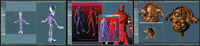 Three panels displaying 3D character models, including humanoid figures and detailed sculpted heads.