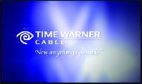 Time Warner Cable logo with the slogan 'Now anything's possible' on a blue gradient background.