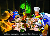Various cartoon characters sitting around a large dinner table filled with food.