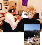 Two people sit at a desk indoors, with an inset photo of a person reclining on a hill.