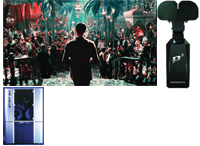A man in a suit facing a crowd in a festive hall, paired with two images of black professional speakers.