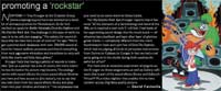 Text column next to a cartoon of a green creature playing a guitar with a small human character.