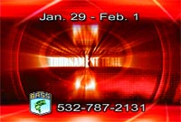 Red background with text 'Jan. 29 - Feb. 1', 'Tournament Trail', a bass logo, and phone number.