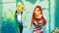 An animated yellow and blue fish smiling next to a red and white patterned fish in an underwater setting.