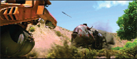 An orange vehicle crashes into a large animal amidst clouds of dust in a desert landscape.