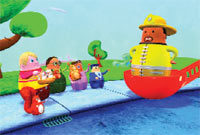 Animated characters sit on a curb next to a blue river while a large character in a yellow hat sits in a red boat.