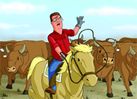 Cartoon of a man in a red shirt riding a light-colored horse through a herd of brown cattle.