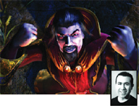 A digital illustration of a pale man with dark hair and a goatee, wearing a red and gold hooded cloak.