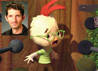 A portrait of a man in the corner overlaid on an animated white chicken wearing glasses and a striped shirt.
