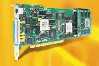 An electronic circuit board expansion card with various microchips and connectors on a yellow background.
