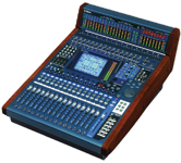 A blue digital audio mixing console with various sliders, knobs, and a central display screen.