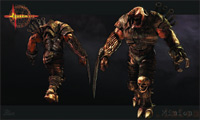 Two views of a muscular, armored warrior with metallic plating and large blades against a dark background.