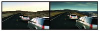 Two versions of a highway scene with cars driving toward a horizon under a twilight sky.