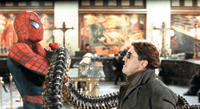 Spider-Man faces a man in glasses as large mechanical tentacles extend between them in a grand hall.