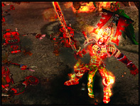 A character in red and gold armor swings a large sword amidst fire and dark terrain.