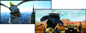 An animated elephant character overlooking a city and an animated blue character on a motorcycle in a desert.