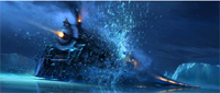 A dark, large ship crashing through blue icy water with heavy splashing.