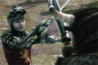 A person in metal armor and a helmet holds a sword up against another person's blade.