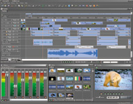 Interface of a video editing software showing multiple timelines, audio tracks, and a media bin.