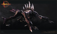 A dark, muscular creature with purple skin and large white spikes protruding from its back and limbs.