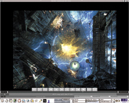 A computer screen showing a dark, industrial sci-fi scene with bright yellow explosions and blue lightning.
