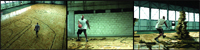 A man dribbling and moving across an indoor basketball court in three sequential shots.