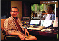 A man sits in an office at a desk with monitors, with an inset photo of a woman in a kitchen.