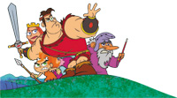Cartoon group of a muscular warrior, a queen, a wizard, and a small girl on a green hill.