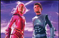 Two youths in pink and blue sci-fi suits looking up at a starry purple nebula sky.