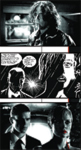 Black and white comic panels showing various characters in dramatic, high-contrast lighting.