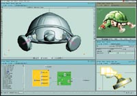 A computer screen displaying a 3D modeling interface with a turtle model and technical diagrams.