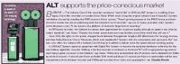 Illustration of a green reel-to-reel tape recorder next to an article about ALT supporting the price-conscious market.