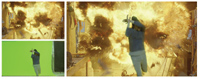 Collage of a person filming a large explosion and a person standing against a green screen.
