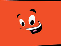 A cartoon face with large eyes and a wide smile on a solid orange background.