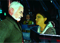An older man with a white beard looks intensely at a younger woman in a dimly lit environment.