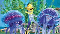 Animated yellow and blue fish swimming between two large, translucent purple jellyfish in an ocean setting.