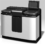 A white and black laboratory machine with a small digital display screen on top.