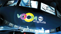 Voom HD Originals logo centered among various television channel tiles on a dark blue background.