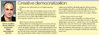 Portrait of a man next to an article titled 'Creative democratization' discussing digital computing.