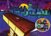 A dark cityscape under a stormy sky with a large control panel and a circular inset of cartoon characters.