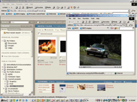 Multiple overlapping web browser windows on a desktop interface showing various images and web pages.