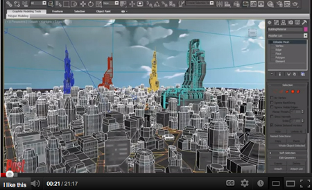 A 3D modeling interface showing a wireframe city with several colored skyscrapers.