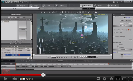 A 3D animation software interface displaying a dark, silhouetted cityscape under a cloudy sky.