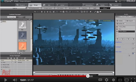 Software interface displaying a blue-toned 3D cityscape with flying vehicles and various editing tool panels.
