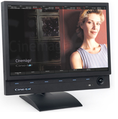 A black Cine-tal monitor displaying a split-screen with a portrait of a woman on the right.
