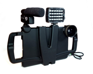 A black handheld device equipped with a foam-covered microphone and a bright LED light panel.