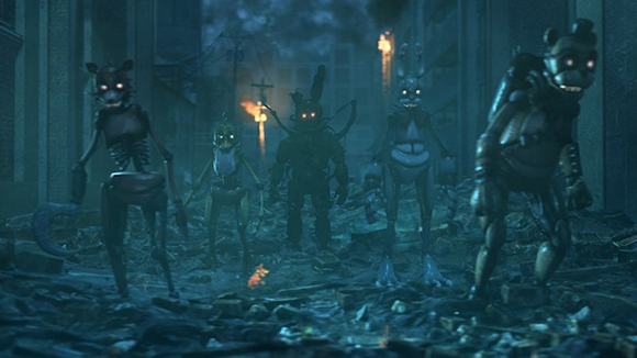 Five glowing-eyed animatronic characters stand amidst rubble in a dark, nighttime urban setting.