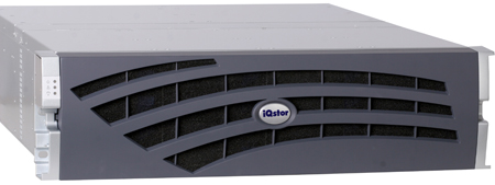 A gray iQstor server rack unit with a black vented front panel and a small circular logo.