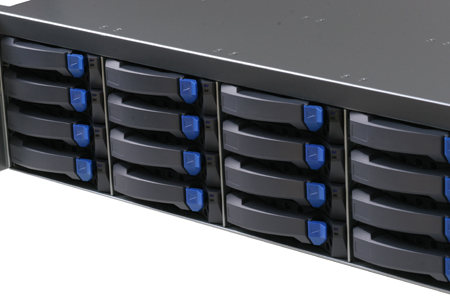 A black server chassis containing several rows of hot-swappable hard drive trays with blue latches.
